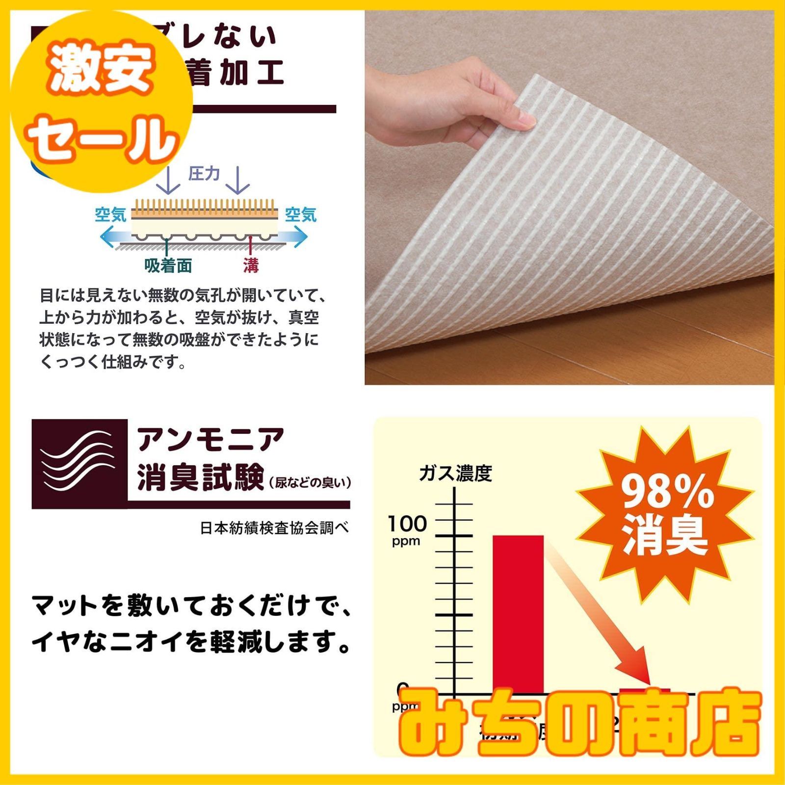 【数量限定】サンコー おくだけ吸着 ペットマット 消臭保護 60×120cm ベージュ BE ロングマット 汚れ防止 【日本製 撥水 消臭 洗える ハサミでカット可】 KG-08