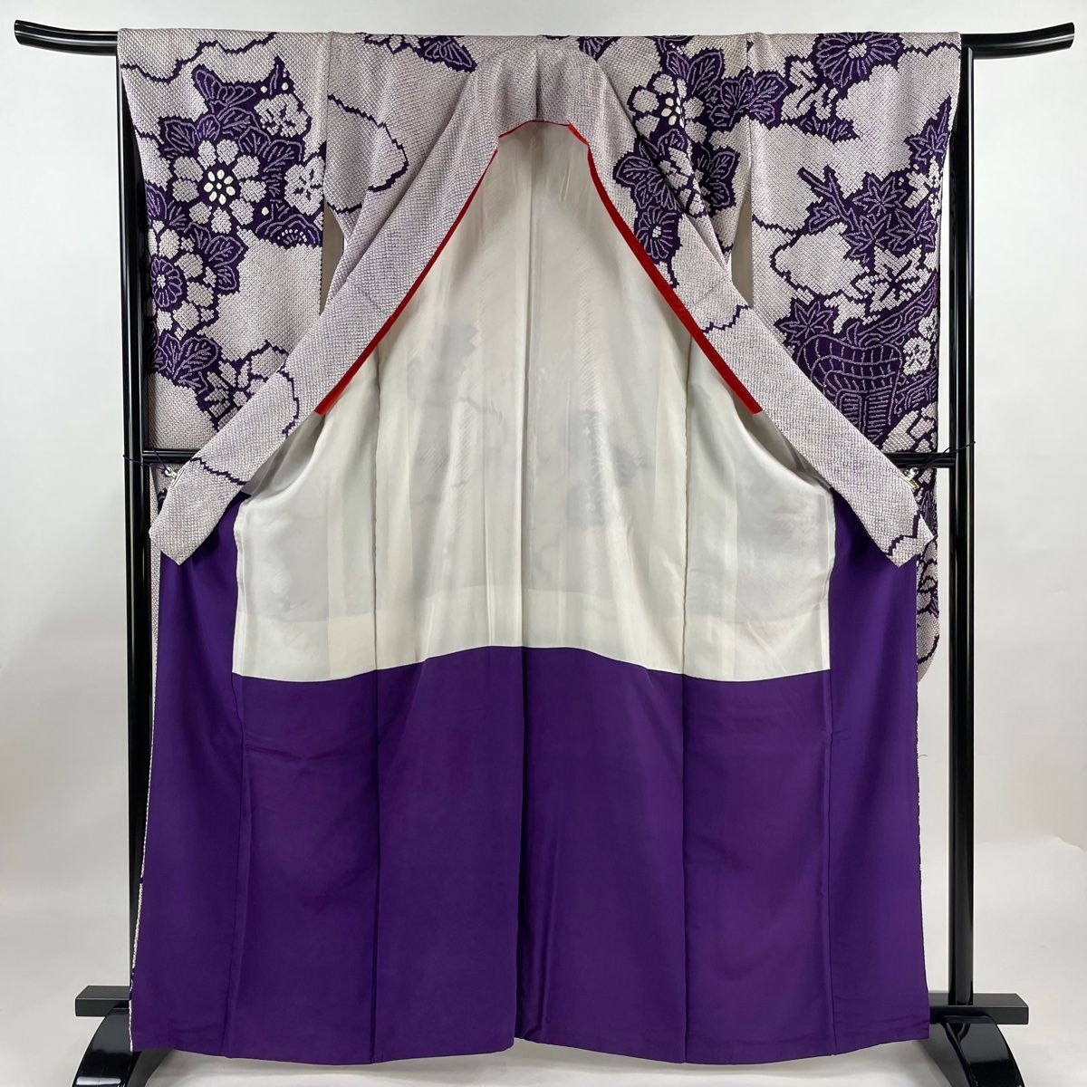 振袖 身丈164cm 裄丈65cm M 袷 御所車 草花 絞り 紫 正絹 秀品 振袖 身丈164cm 裄丈65cm M 袷 御所車 草花 絞り 紫 正絹 秀品