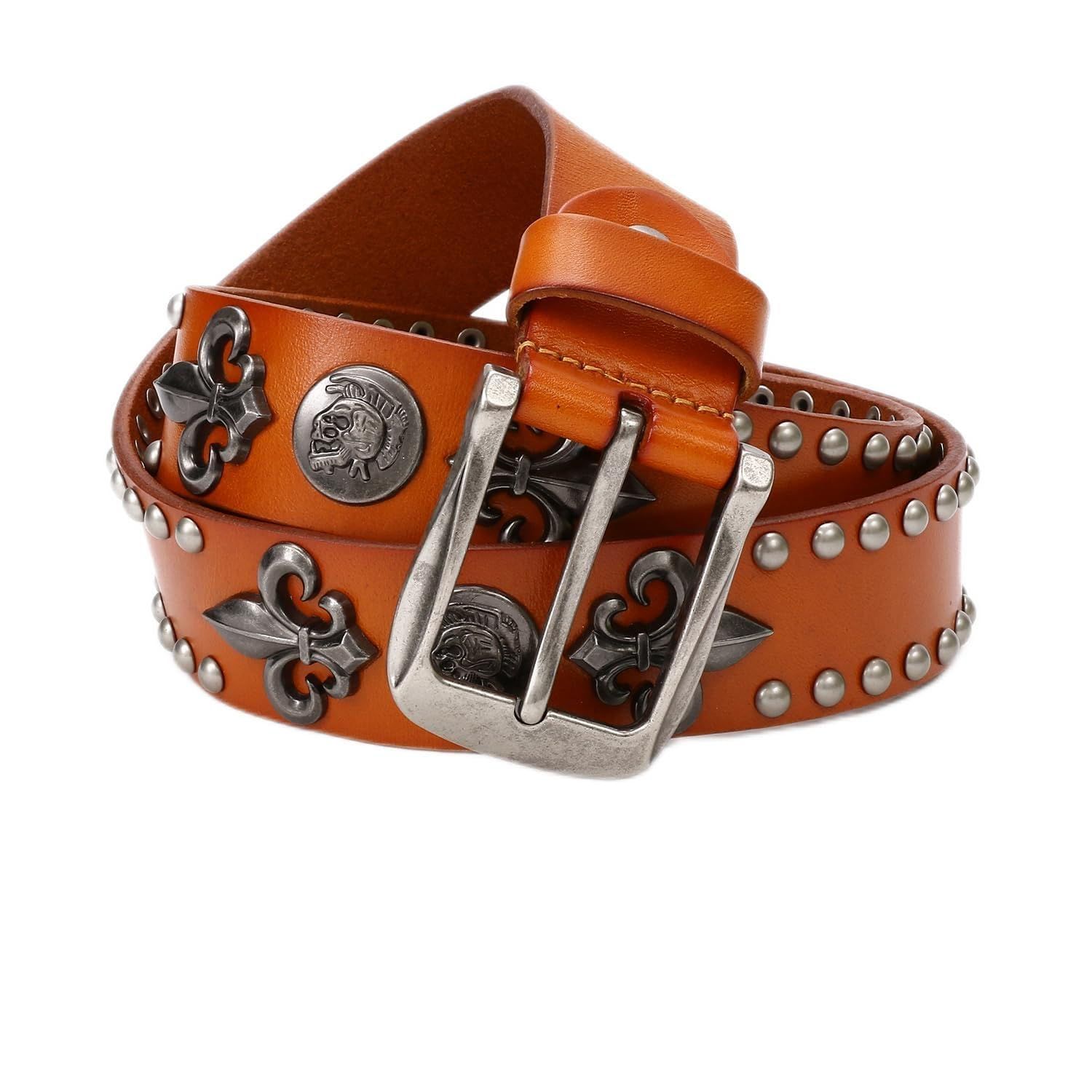 在庫セール 紋章 レリーフ ユリ コンチョ スカル アンティーク レザー ベルト スタッズ 革 メンズ ラクエスト Laquest