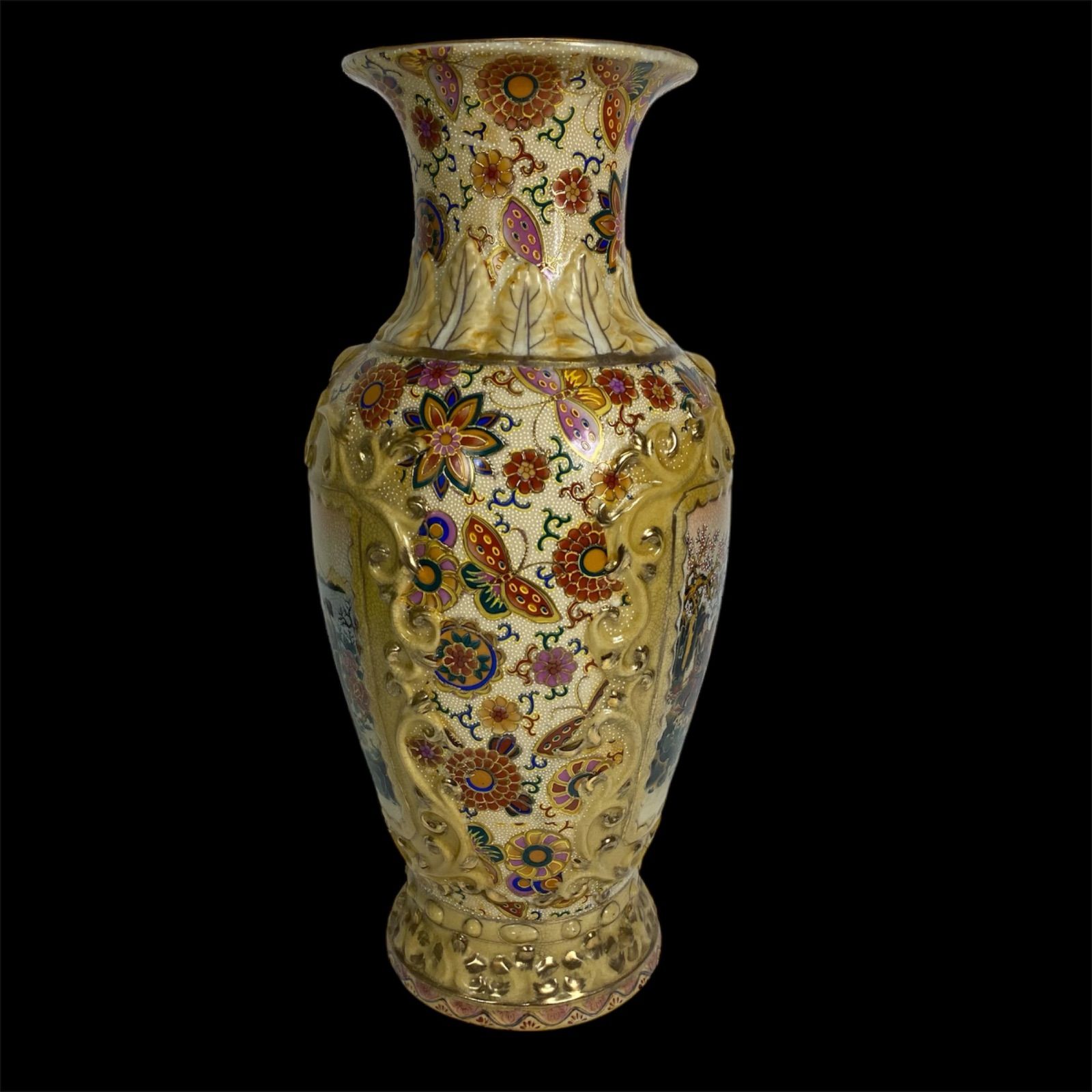 薩摩焼 花鳥風月図 金彩絵付 壺 花瓶 高さ約45cm 飾壺 骨董 和風