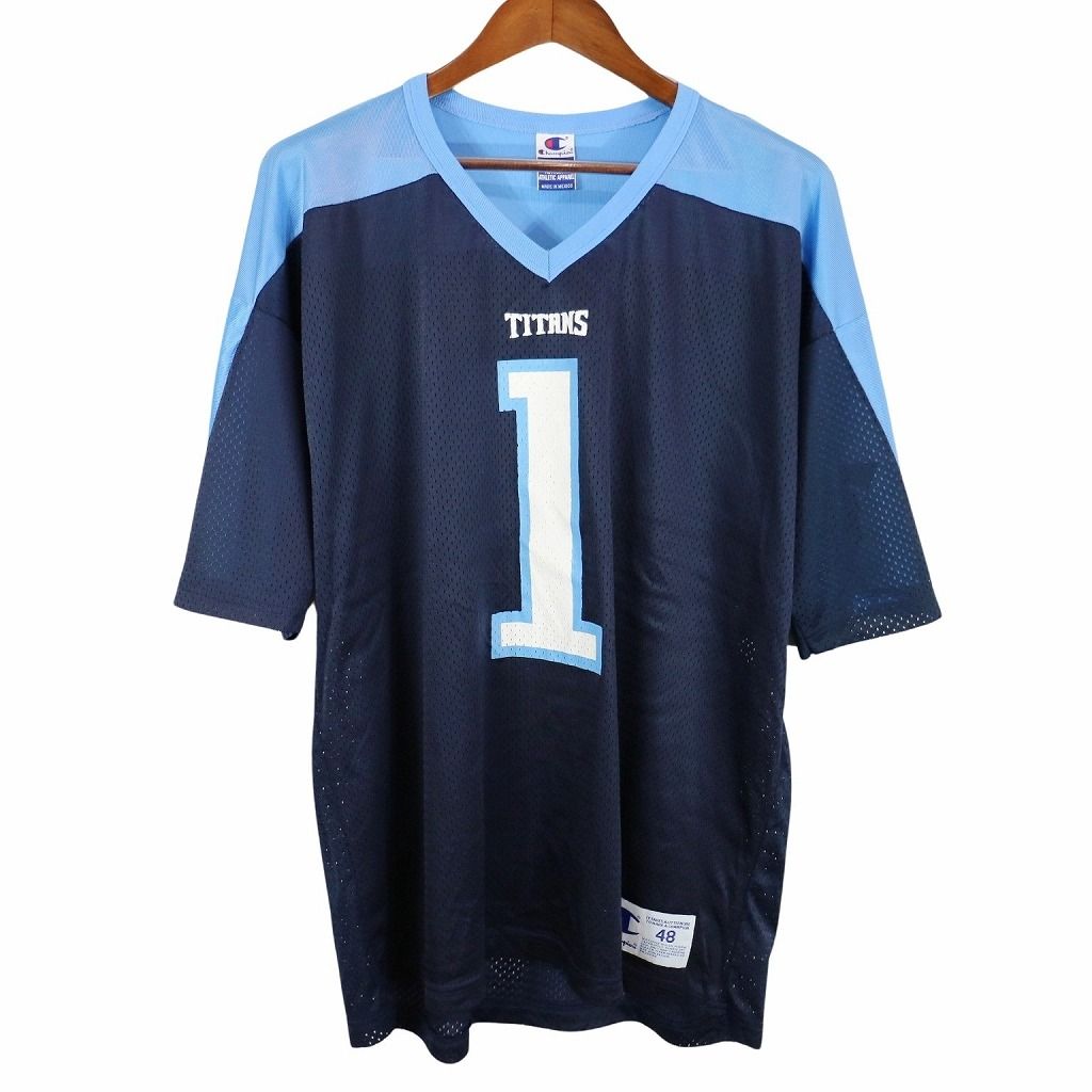 90年代 Champion チャンピオン NFL テネシー・タイタンズ ゲームシャツ ユニフォーム  プロチーム ネイビー (メンズ XL) 中古 古着 O8182