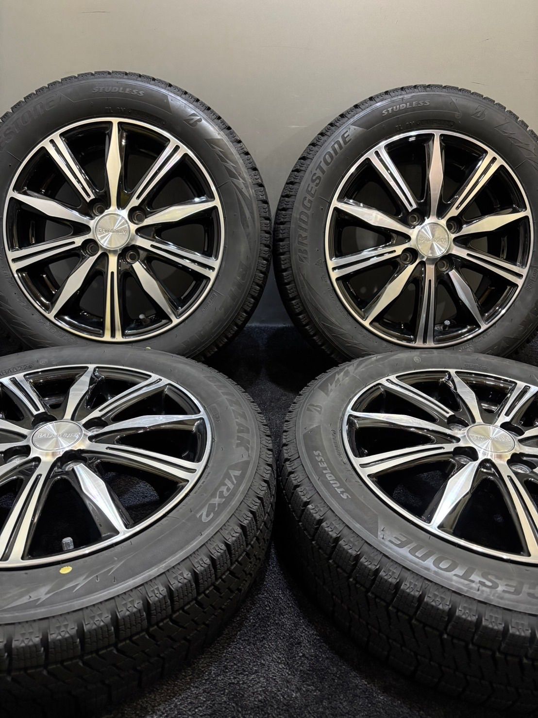 155/65R14 BRIDGESTONE/VRX2 22年製 BALMINUM 14インチ 4.5j +45 100 4H スタッドレス 4本 N-BOX スペーシア ブラポリ （南1-I449）