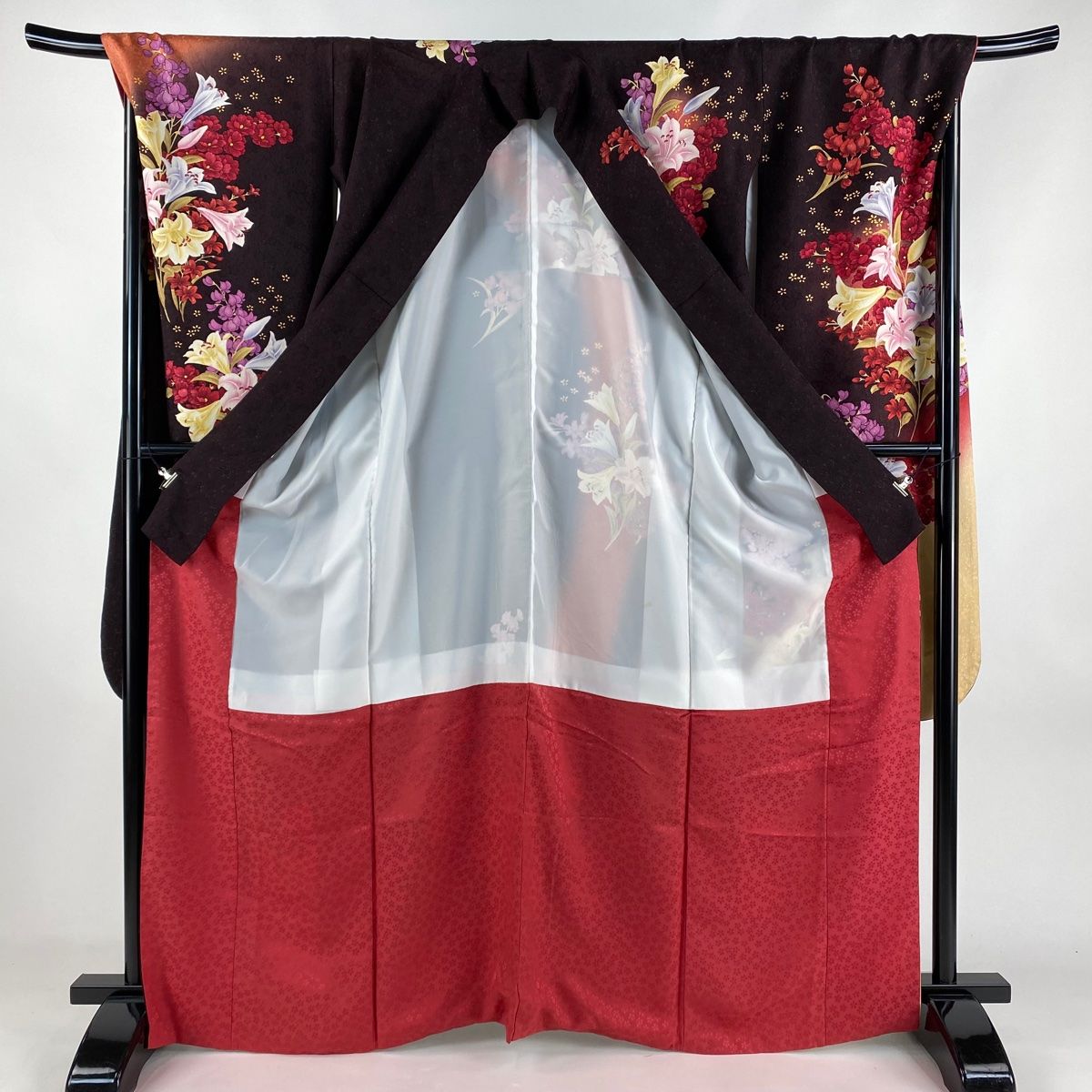 振袖 身丈165cm 裄丈74cm L 袷 百合 草花 銀通し 金糸 茶紫 正絹 美品  