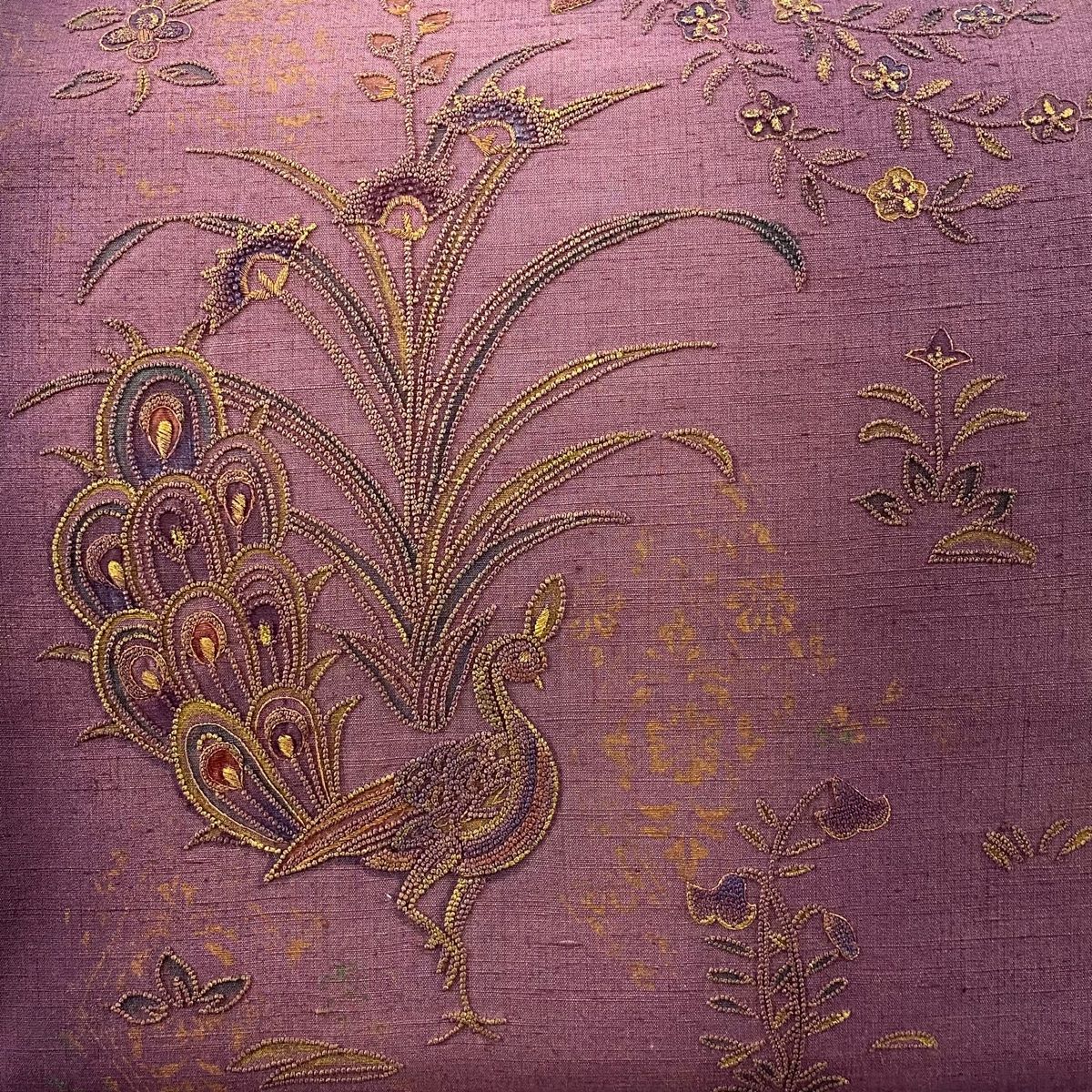 袋帯 秀品 紬地 孔雀 花喰鳥 金糸 刺繍 紫 お太鼓柄 正絹 【中古