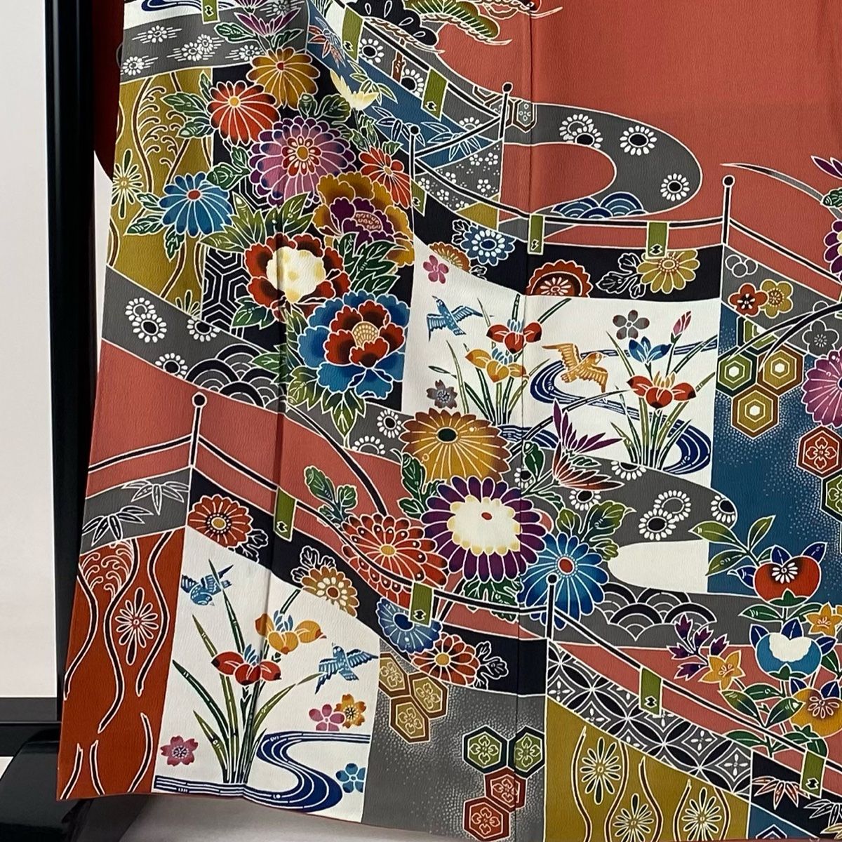 振袖 身丈166cm 裄丈66.5cm M 袷 幔幕 花鳥 縮緬 サーモンピンク 正絹