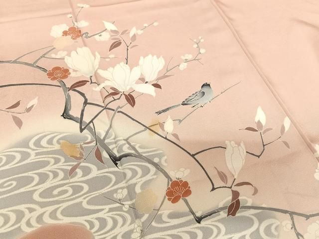 平和屋着物●訪問着　枝花に休み鳥　暈し染め　正絹　逸品　AABB6476zg 平和屋着物○訪問着 枝花に休み鳥 暈し染め 正絹 逸品