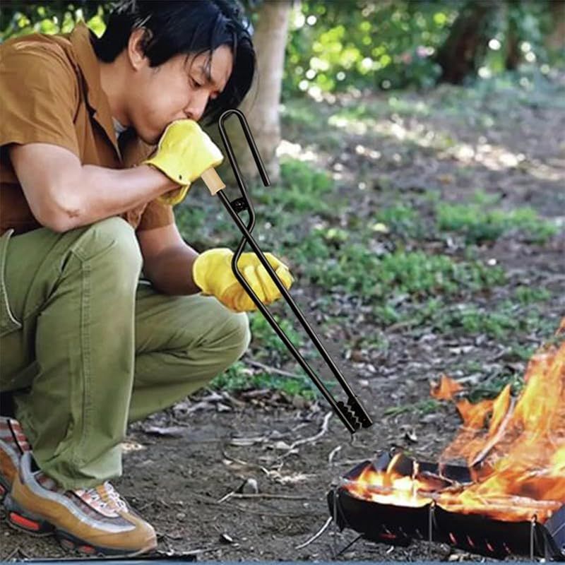 huanbush 火バサミ 火吹き棒 一体型 コンパクト 薪ばさみ 軽量 火