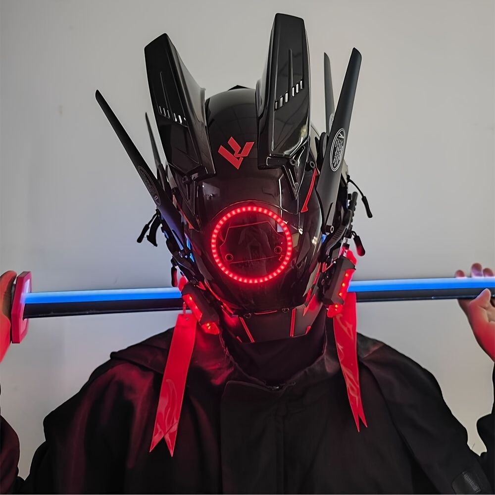 未来的なLEDサイバーパンクマスク - クールなメカスタイル 5色のオプション ハロウィンコスプレ＆レイブパーティーに最適 無料のバラクラバ付き