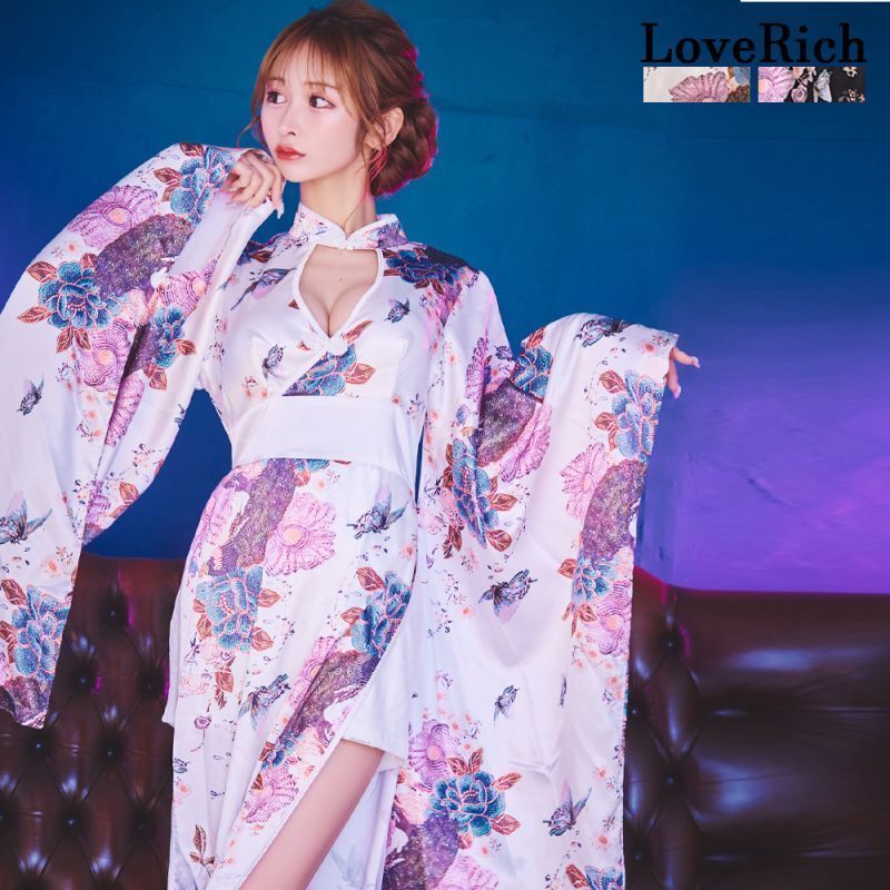 LoveRich ラブリッチ ライン SMLサイズ|2 チャイナ風 美胸 サイドスリット レーススカート ミニスカート ロング丈 花魁 着物 ドレス 1250