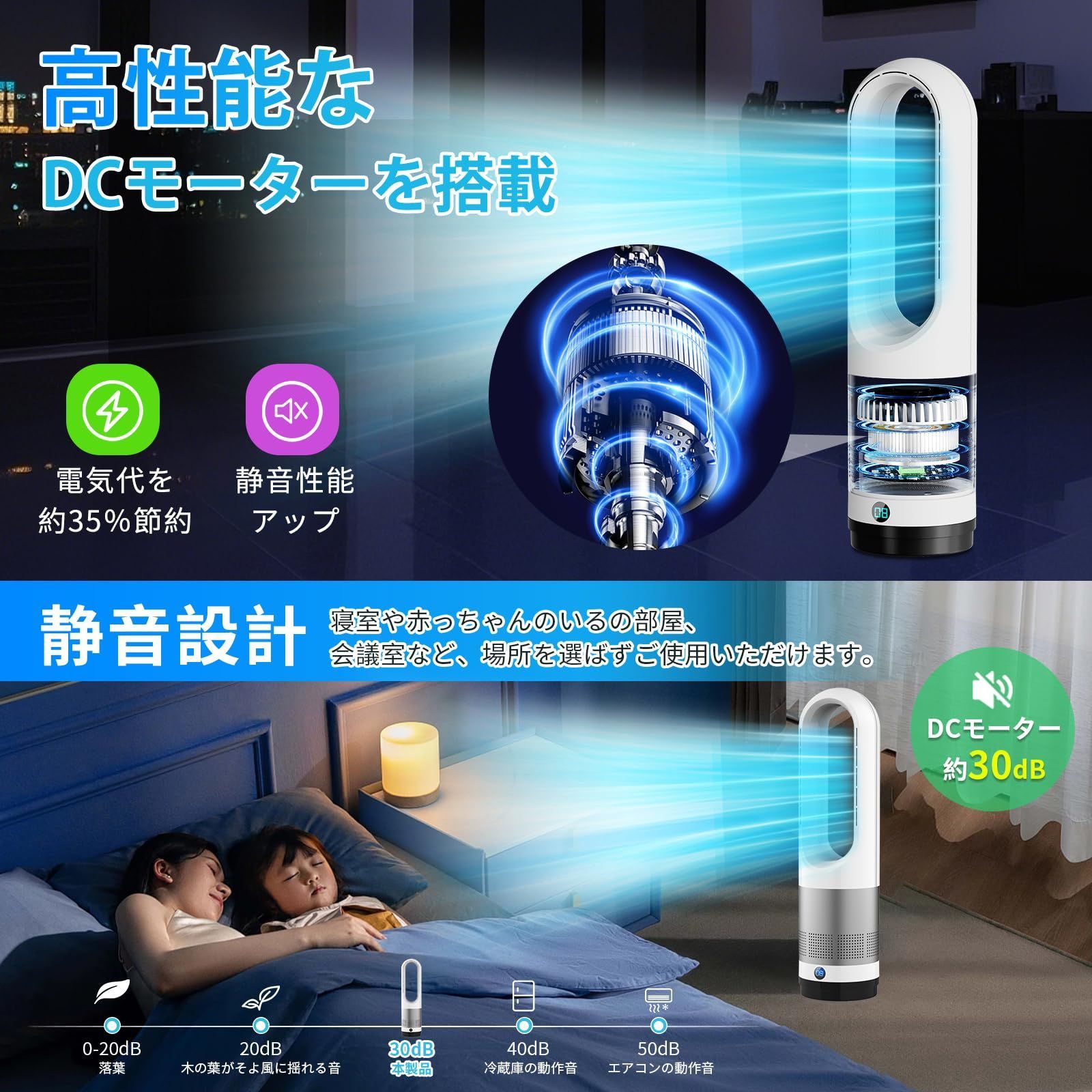 扇風機 羽なしタワーファン【2025冷暖兼用・羽根無し】8段階送風＆3