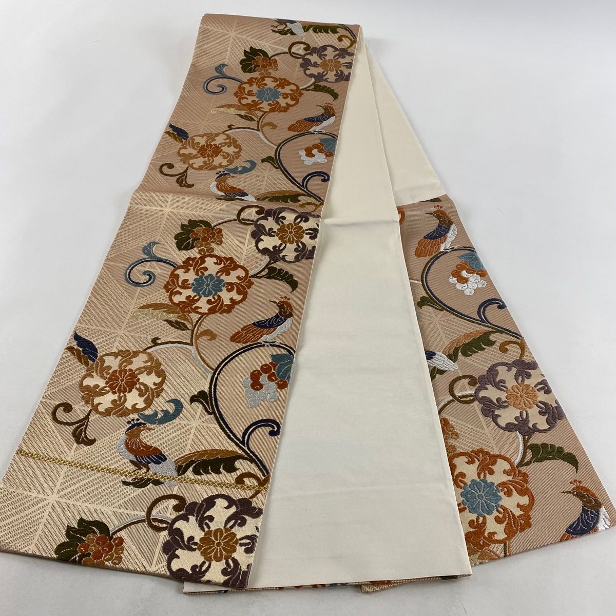 袋帯 美品 秀品 鳥 花唐草 唐織 箔 薄オレンジ 六通 正絹 【中古