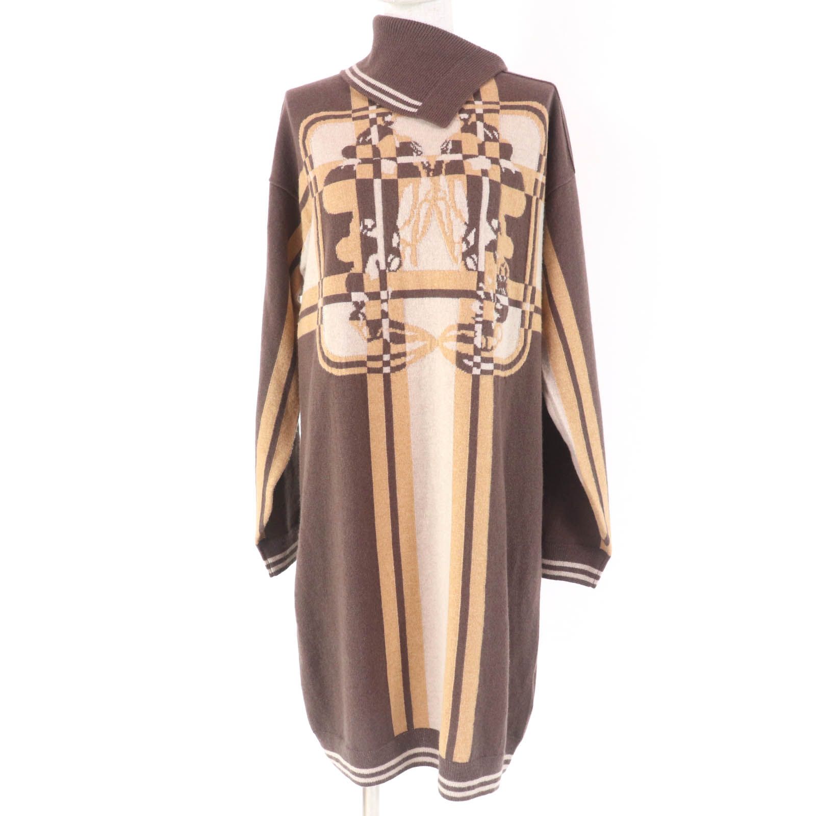HERMES エルメス 23AW 3H2502DD BRIDES de GALA ブリッド ドゥ ガラ 式典用馬勒 カシミヤ100％ ニット ワンピース ブラウン 36 イタリア製 レディース