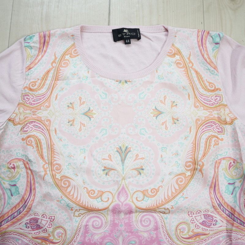 ETRO*エトロ　シルク100%　ペイズリー柄半袖セーター　ブラック　40 ETRO エトロ ペイズリー柄 レーヨン/シルク ニット 半袖
