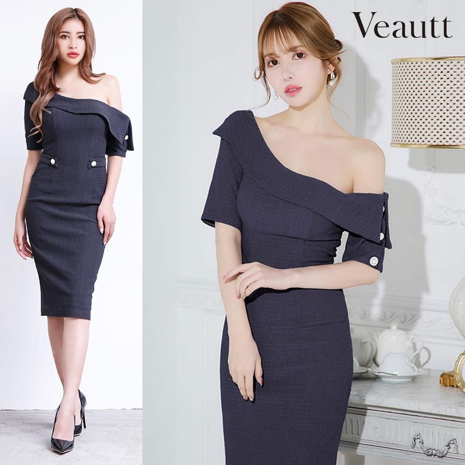 Veautt ヴュート ワンショルダーボタンハーフスリーブミディアムドレス Veautt / ヴュート】ワンショルダーボタンハーフスリーブ