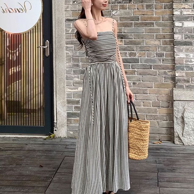 ストライプパターン ノースリーブ ロングワンピース ワンピース
