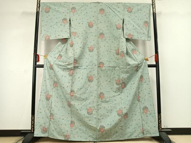 平和屋着物 上質な紬 単衣 雪輪草花文 正絹 AABC3794fy