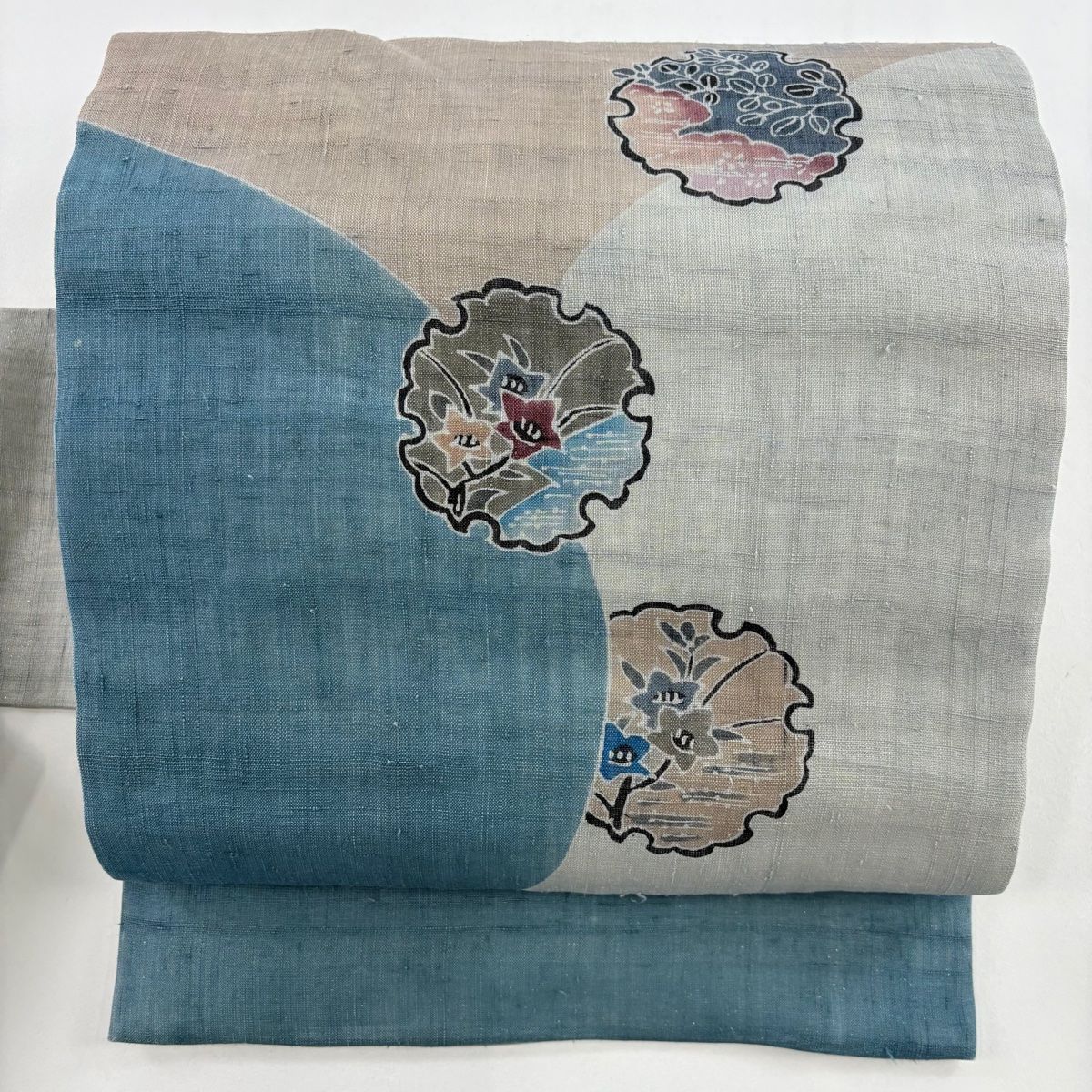 名古屋帯 秀品 夏帯 紬地 雪輪 桔梗 箔 青灰色 正絹 【中古