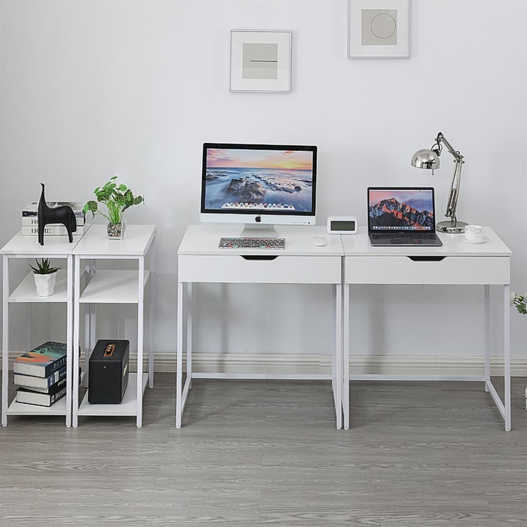 人気商品】【ホワイト】パソコンデスク引き出し付き収納ラック付き木製