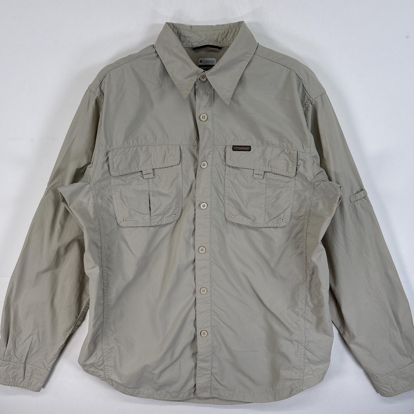 古着 コロンビア Columbia 長袖シャツ TITANIUM フラップポケ ワンポイント ロゴ M  ベージュ 無地 メンズ
