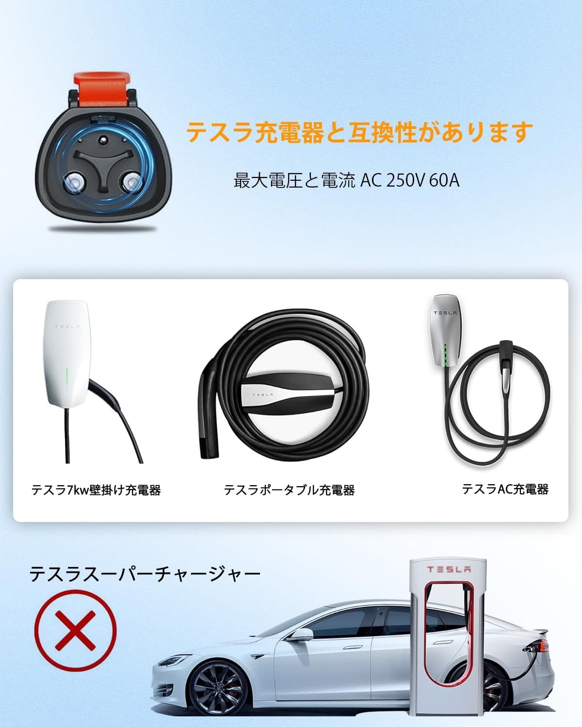 EvKasoku テスラ（Tesla）- J1772 充電アダプター、最大60A＆100