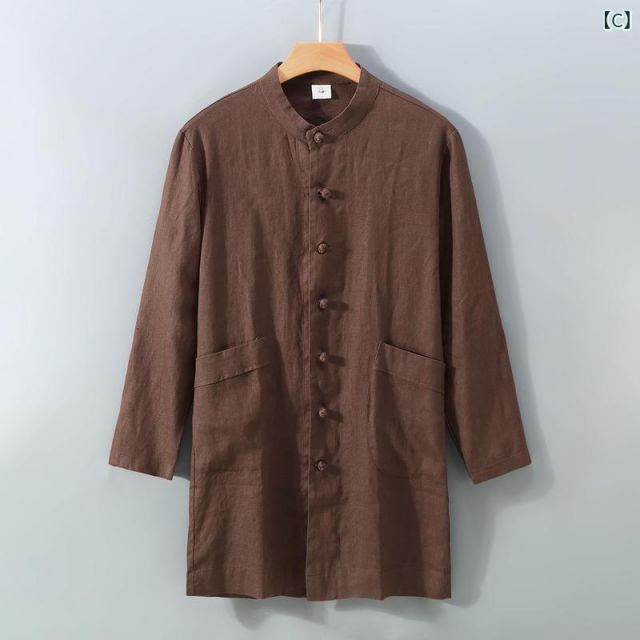 ピッタリの M メンズ ファッション 服 男性用 オシャレ シンプル 大人 かっこいい 大きいサイズ ストリート 紳士服 リネン ミドル丈 シャツ ジャケット レトロ プレート ボタン フル リネン 生地 シャツ トップス 服 全国送料無料。