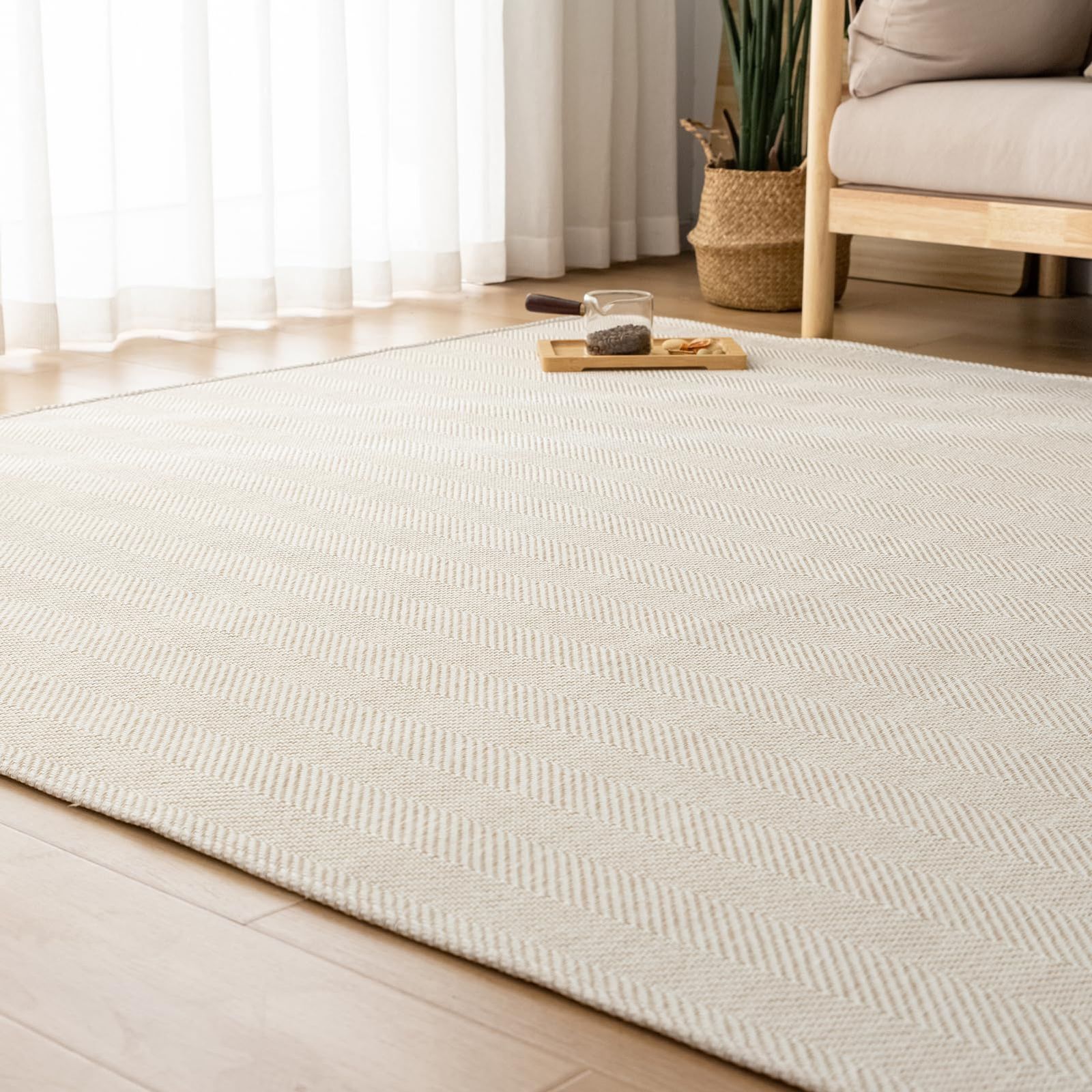 OIGAE ラグ カーペット 春 夏 190x190cm 2畳 ラグマット ヘリンボン柄 北欧 じゅうたん 無地調 幾何学模様 床保護 防音 リビング 滑り止め オールシーズン適用 安心素材 アイボリー