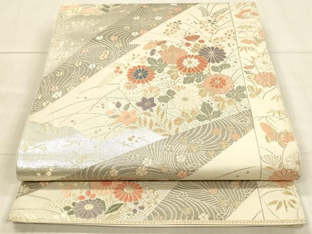 平和屋着物●六通柄袋帯　唐織　花丸文　プラチナ箔　正絹　逸品　DAAY1886ps 平和屋着物◎六通柄袋帯 唐織 流水花文 純プラチナ箔 正絹 逸品