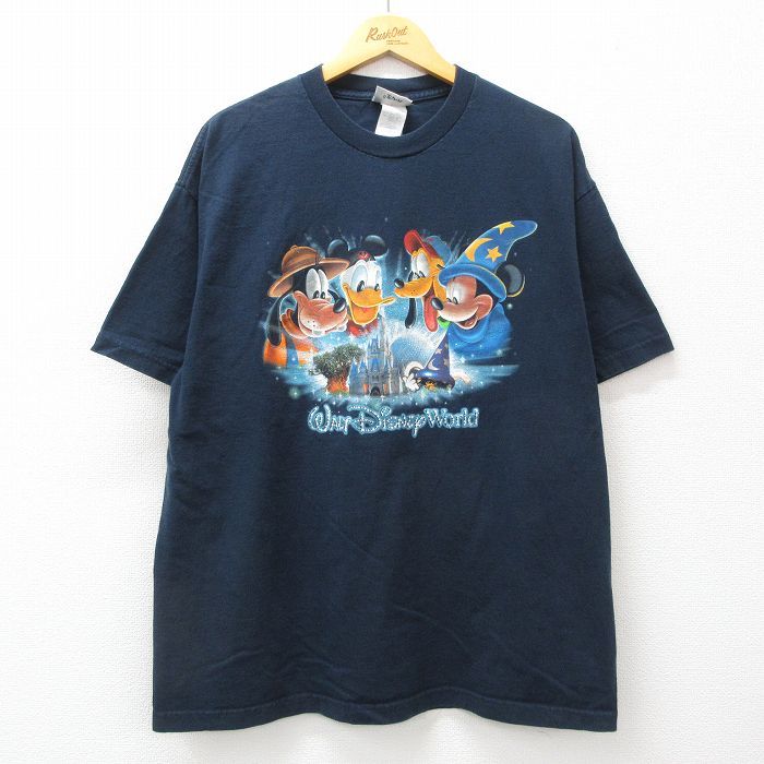 XL/古着 半袖 ビンテージ Tシャツ メンズ 00s ディズニー ミッキー ラメ コットン クルーネック 濃紺 ネイビー 24jul12 中古
