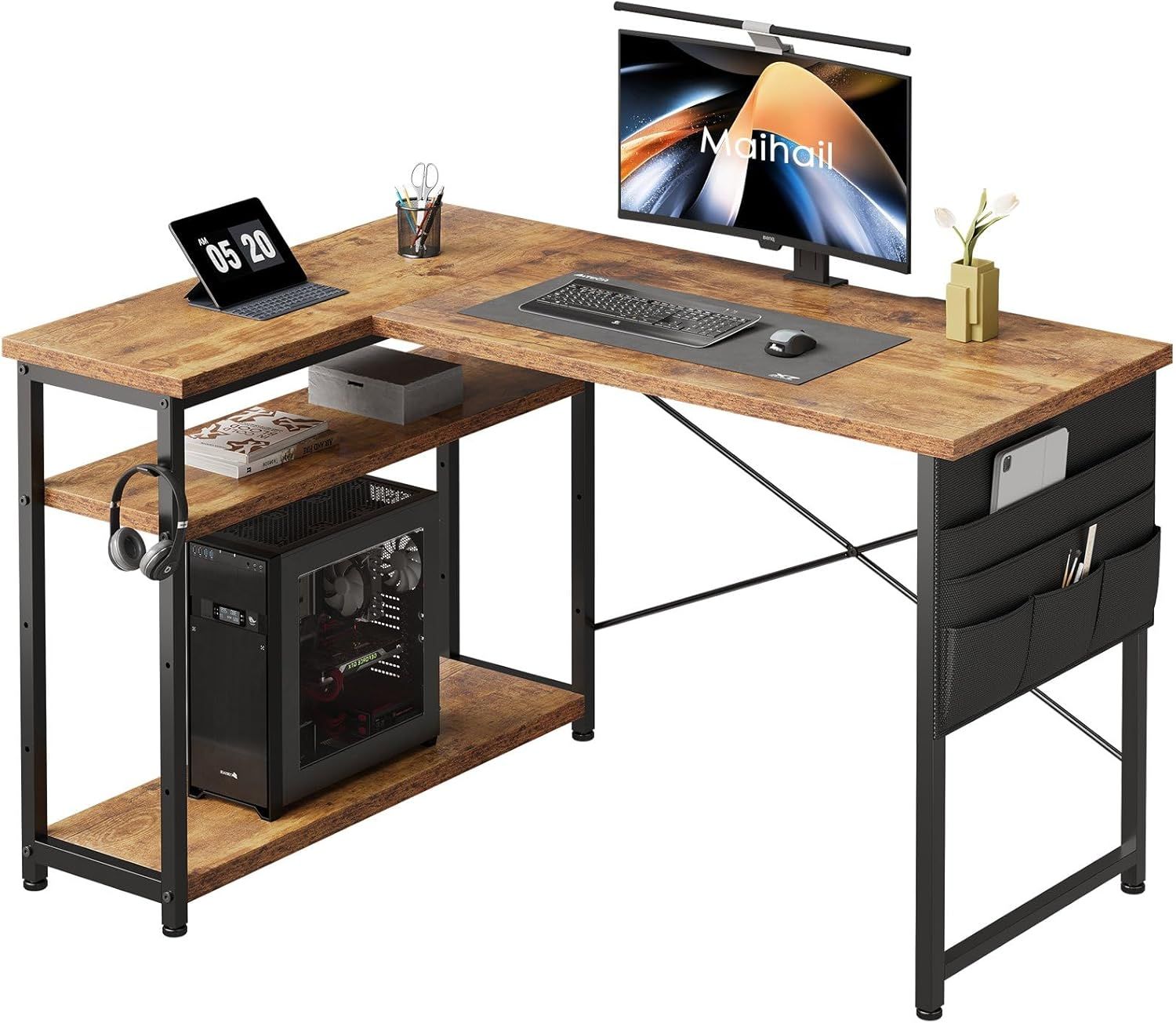 Maihail デスク 机 pcデスク パソコンデスク l字デスク 右棚左棚 幅120cm desk コーナーデスク つくえ 棚板高さ調節可能 作業机 L字型 勉強机 在宅ワークデスク リモートワーク ゲームデスク ラッ