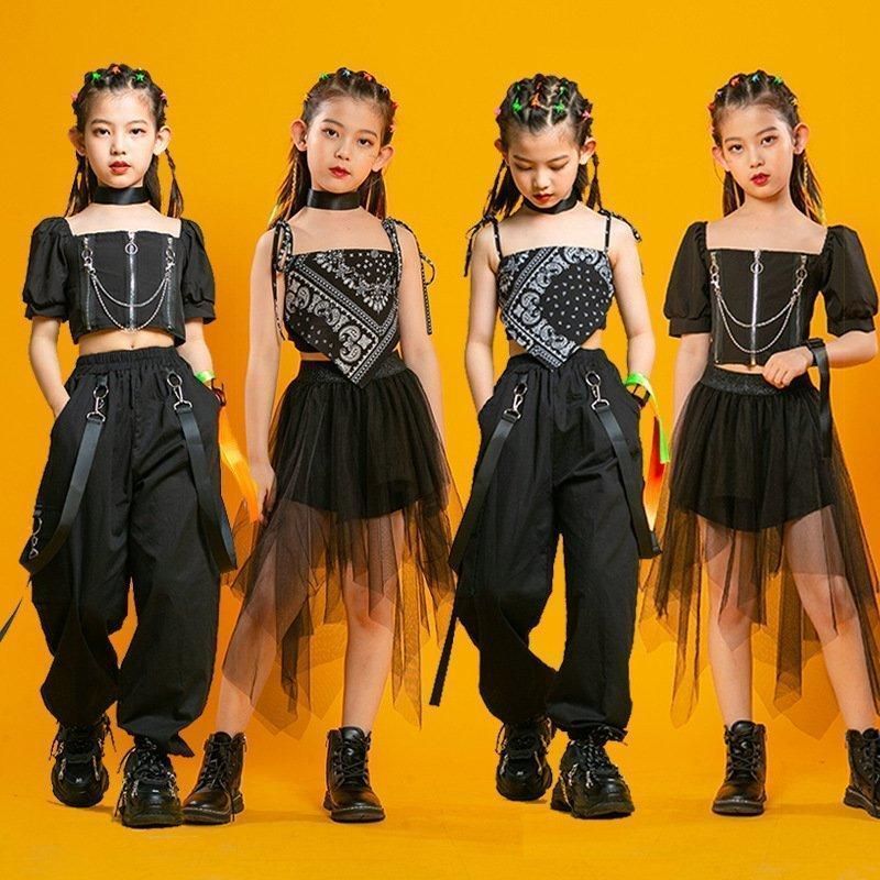 キッズ ダンス 衣装 ダンス衣装 子供 ヒップホップ HIPHOP 女の子 半袖 トップス へそ出し パンツ 黒 スカート ステージ衣装 練習着 応援団 体操服