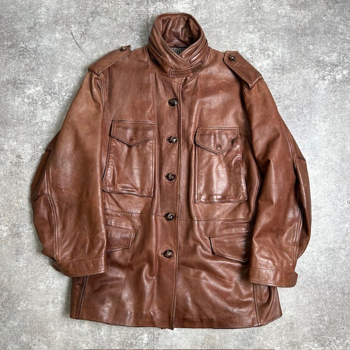 Unknown レザーフィールドジャケット M-65タイプ 本革 イタリア製 くるみボタン ミリタリー レア size46 L位 Unknown レザーフィールドジャケット M-65タイプ 本革 イタリア製