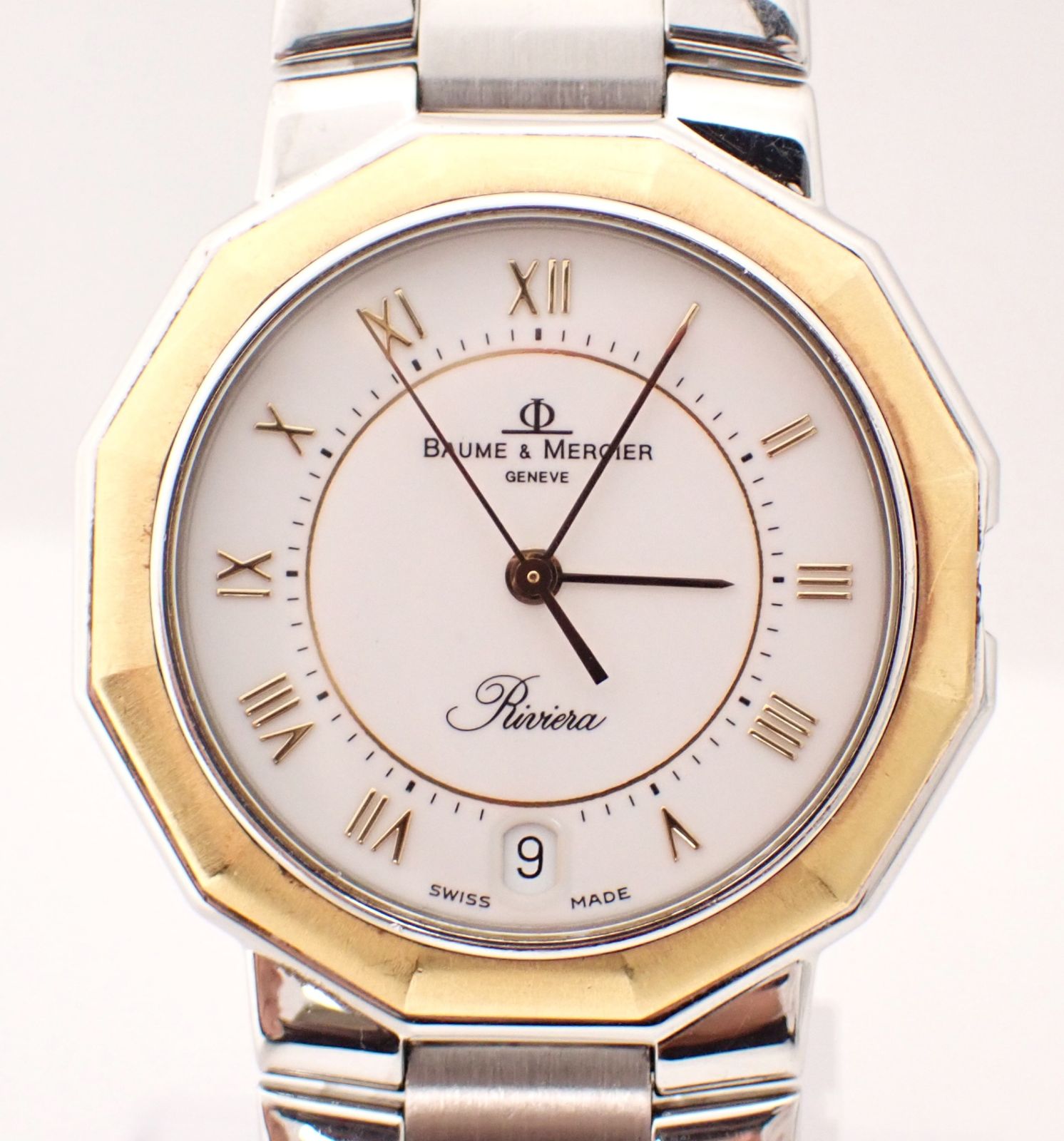 不動 要メンテ品 BAUMEu0026MERCIER(ボームu0026メルシェ) リビエラ 5131.3 SS/YG QZ クオーツ イエローゴールド ホワイト文字盤 ジャンク品