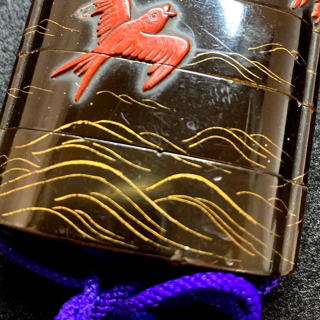 堆朱蒔絵波千鳥五段印籠 上根付53g