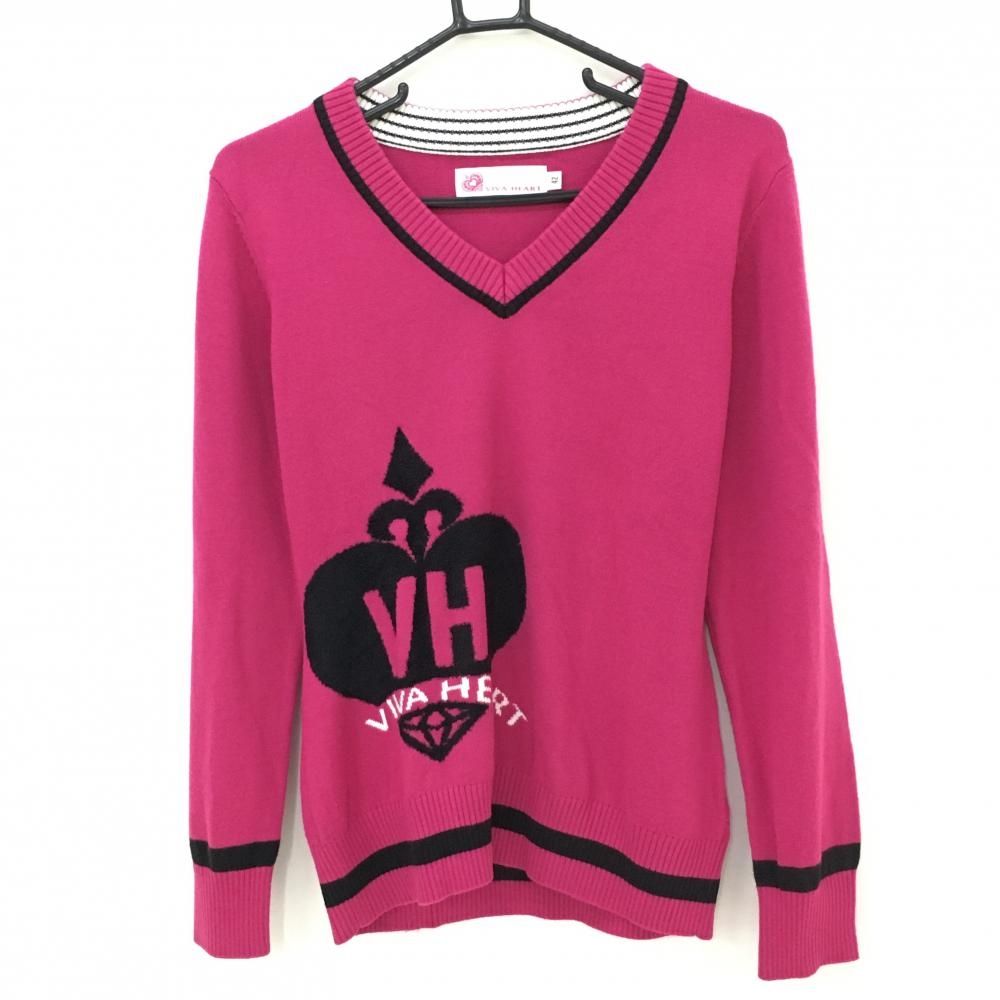 新品】ビバハート ニットベスト ピンク×白 ロゴ総柄 Vネック