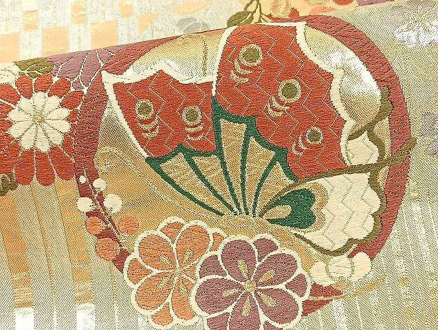 ★袋帯 正絹 金糸 唐織 更紗文様 六通 銘入り★匿名配送★ 平和屋着物◎六通柄袋帯 唐織 更紗花文 金糸 正絹 逸品