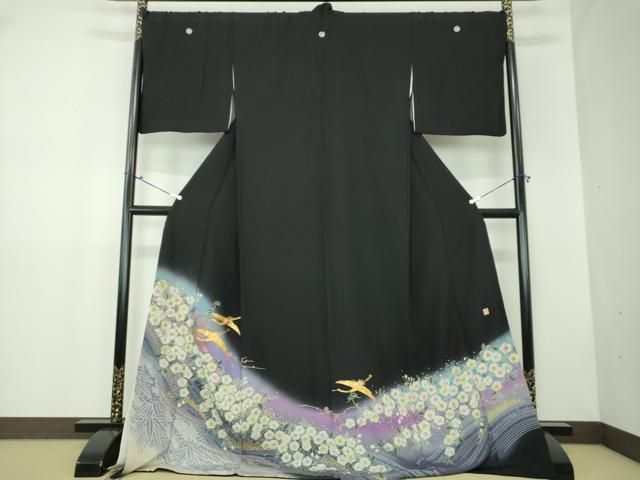 平和屋着物●ブライダルファッションデザイナー 桂由美 黒留袖 駒刺繍 絞り 辻が花 飛鶴文 暈し染め 金彩 ロング丈 正絹 DAAX4407ps