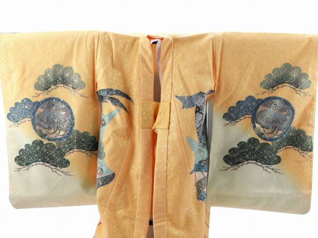 お宮参り 着物 金彩加工 レース付き 長襦袢 セット 男児 男の子 子供 産着 祝着 黄色地 鷹 ud-196