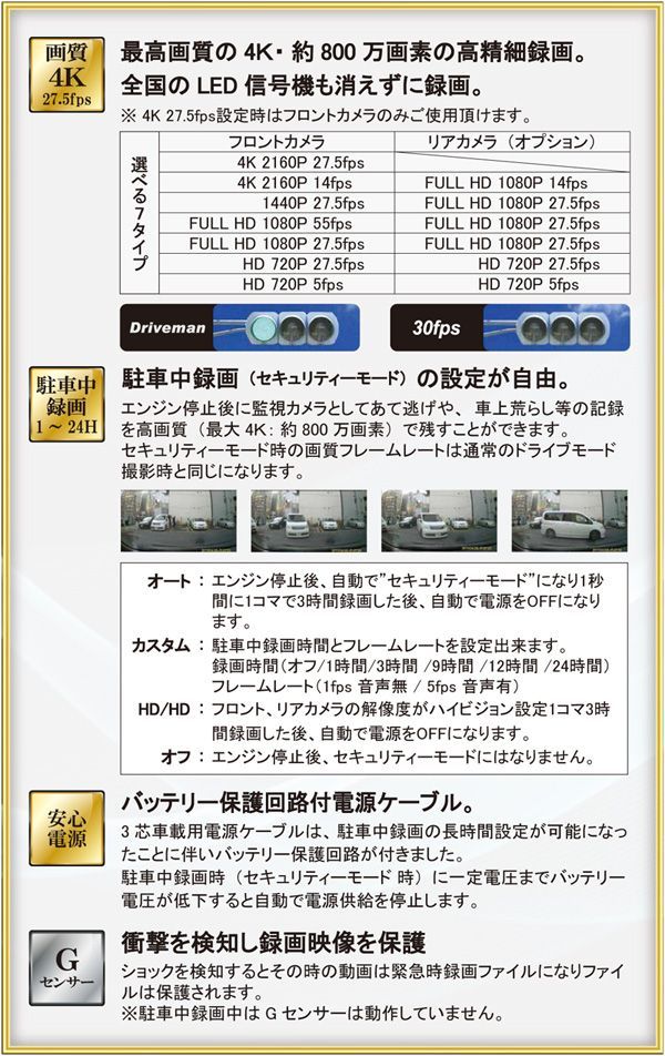64GBSD同梱 駐車監視も前後撮影