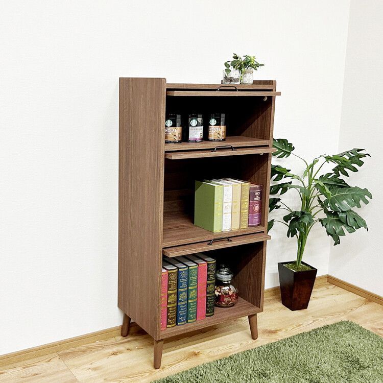 フラップ付 キャビネット ブラウン 幅60cm 北欧スタイル 脚付き リビング収納 収納家具 チェスト