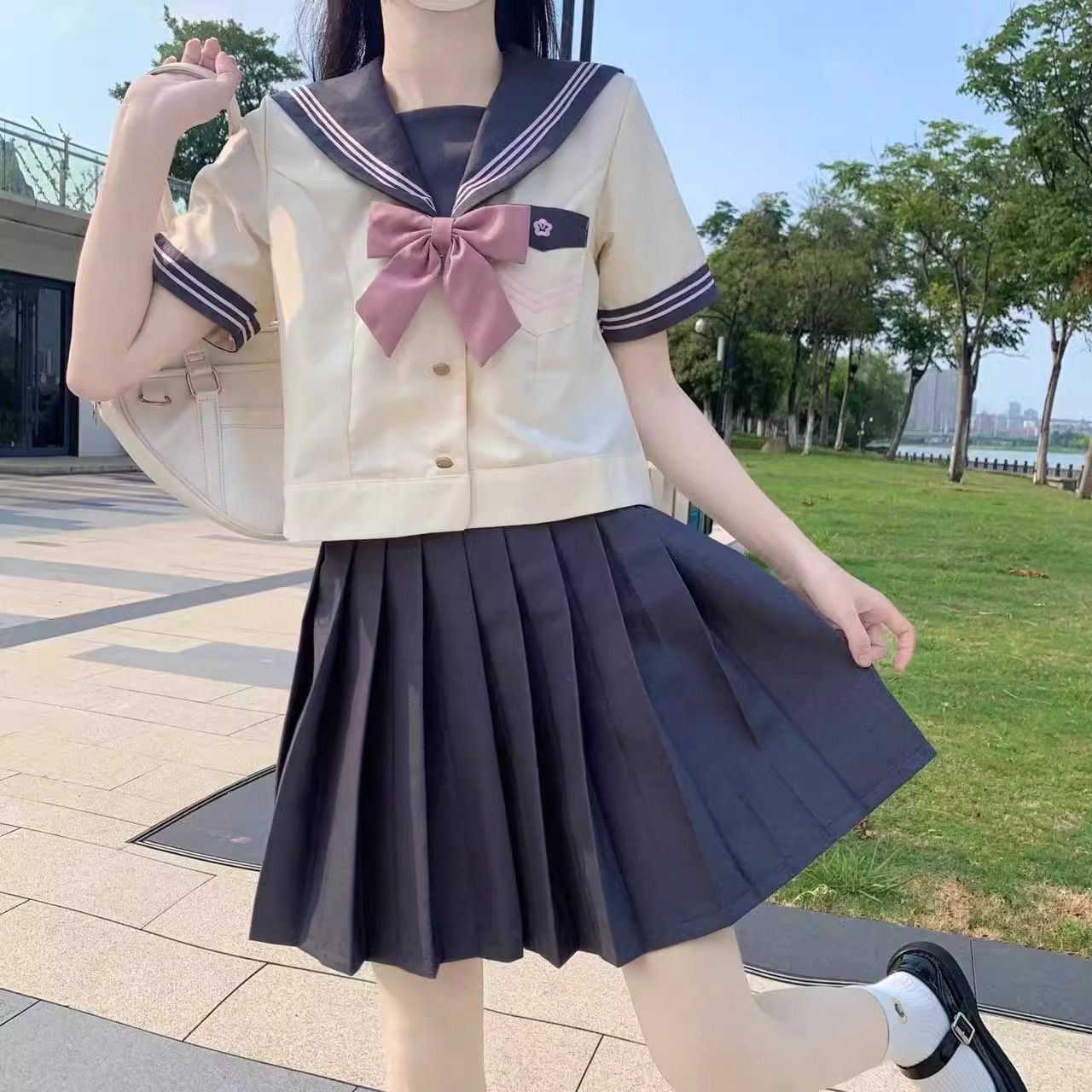 日本の柔らかい女の子夏の新しいJKプリーツスカート制服カレッジスタイルスーツ半袖グレーとピンクのセーラー服トップス女性潮 - メルカリ