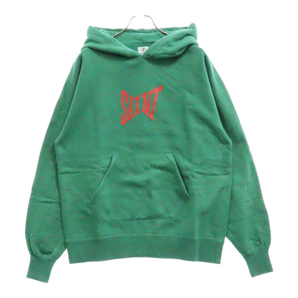 SAINT MICHAEL◆HOODIE LOGO GRAY/GREEN プルオーバーフーディー SAINT MICHAEL (セントマイケル) 22SS HOODIE ロゴプリント プル