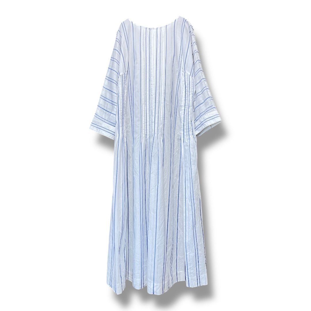 yoshie inaba ヨシエイナバ ストライプ柄 ベルト付き プルオーバー ワンピース コットン 長袖 透け感 レディース サイズ9 ホワイト系 夏 久喜倉庫店 K723Y