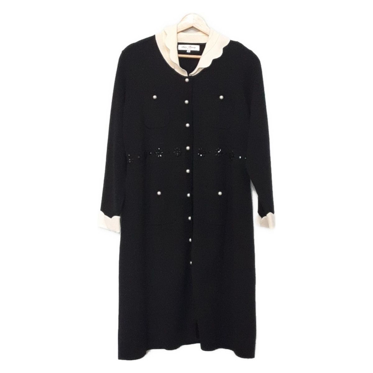 スーパービューティー ワンピース サイズ44 L レディース - 黒×アイボリー レギュラー 長袖 ひざ丈 ニット パール ビーズ