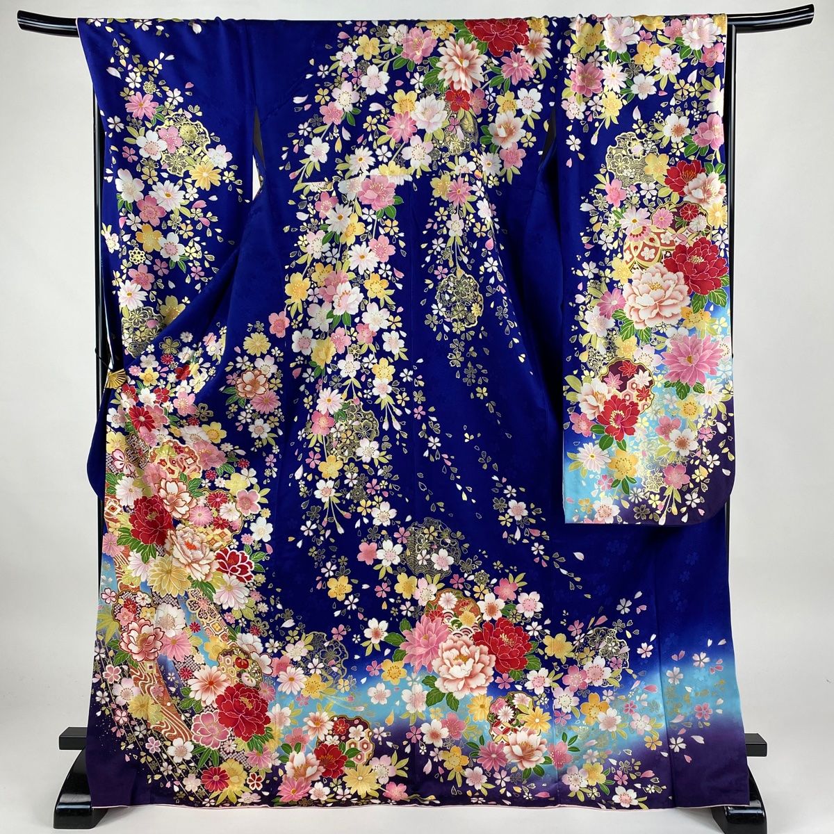 振袖 身丈173.5cm 裄丈69cm L 袷 牡丹 熨斗 金彩 箔 青 正絹 美品 名品  