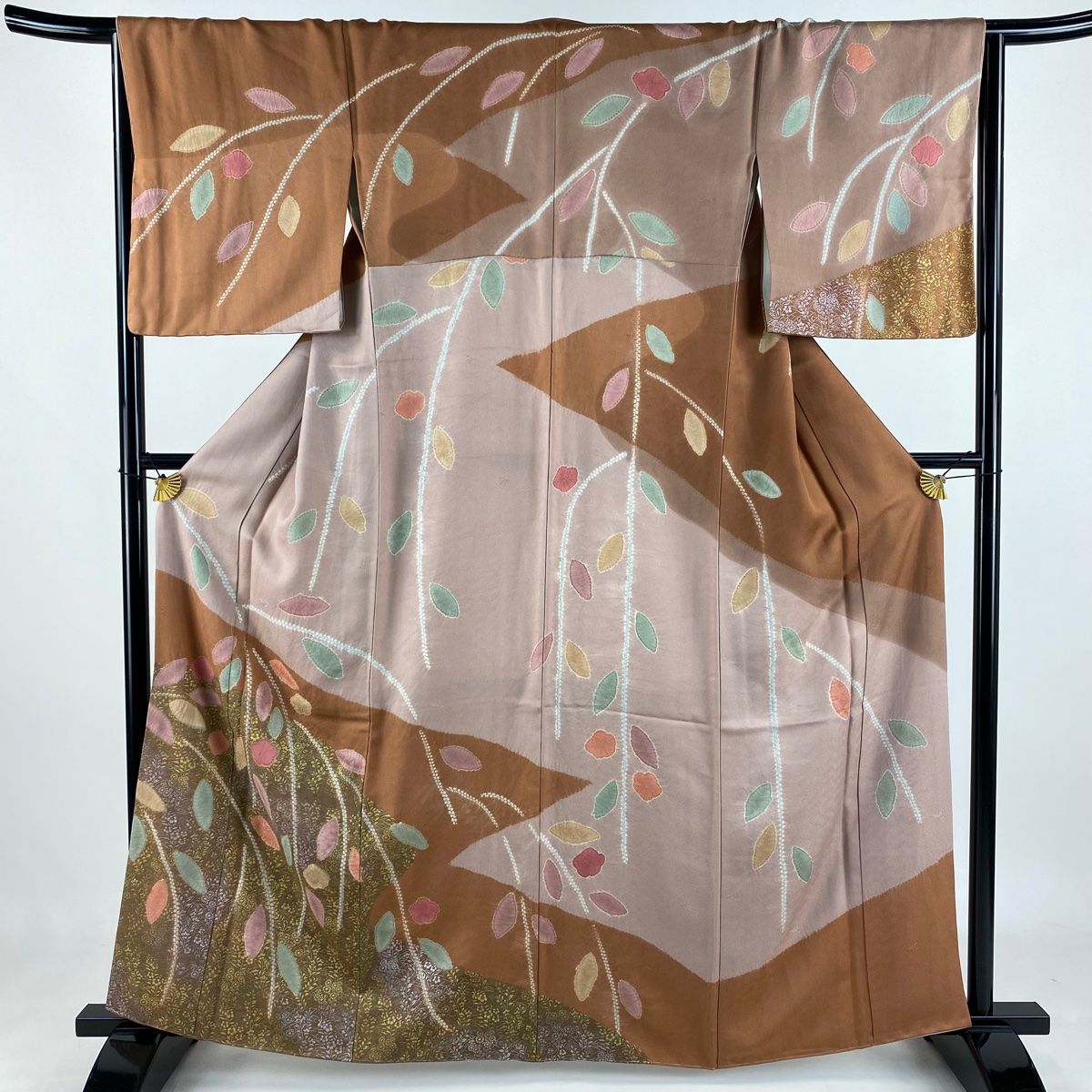 訪問着 身丈163.5cm 裄丈66cm M 袷 草花 絞り 金銀彩 赤茶 正絹 秀品