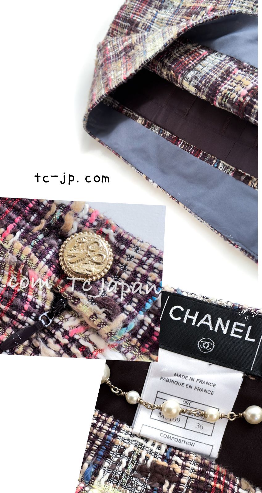 シャネル スカート CHANEL ベージュ マルーン レッド マルチカラー ツイード 美品 36