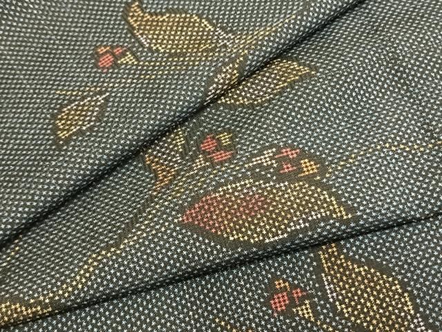 平和屋着物▽大島紬 単衣 7マルキ 草花文 反端付き 正絹 逸品 未使用