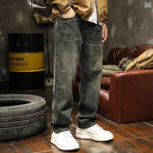 メンズ 男性用 ファッション オシャレ シンプル 大人 かっこいい ストリート ヒップホップ HipHop レトロ ブラック ジーンズ 春秋 ストレート ルーズ スタイル アメリカンン ハイ ストリート ロング パンツ