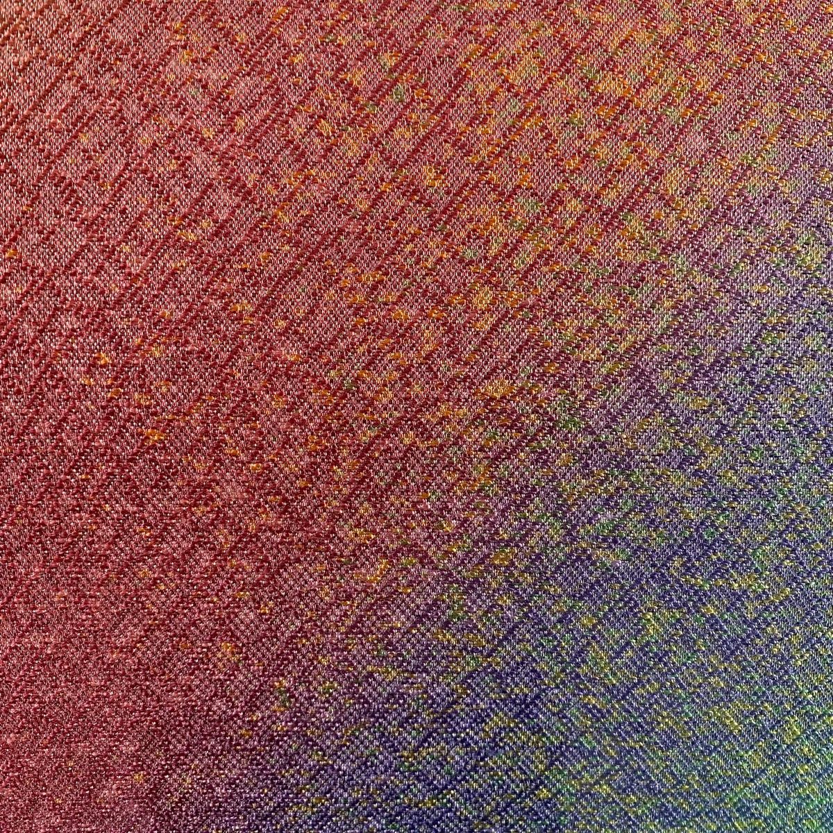 袋帯 秀品 斜縞 幾何学模様 銀糸 赤紫 六通 正絹