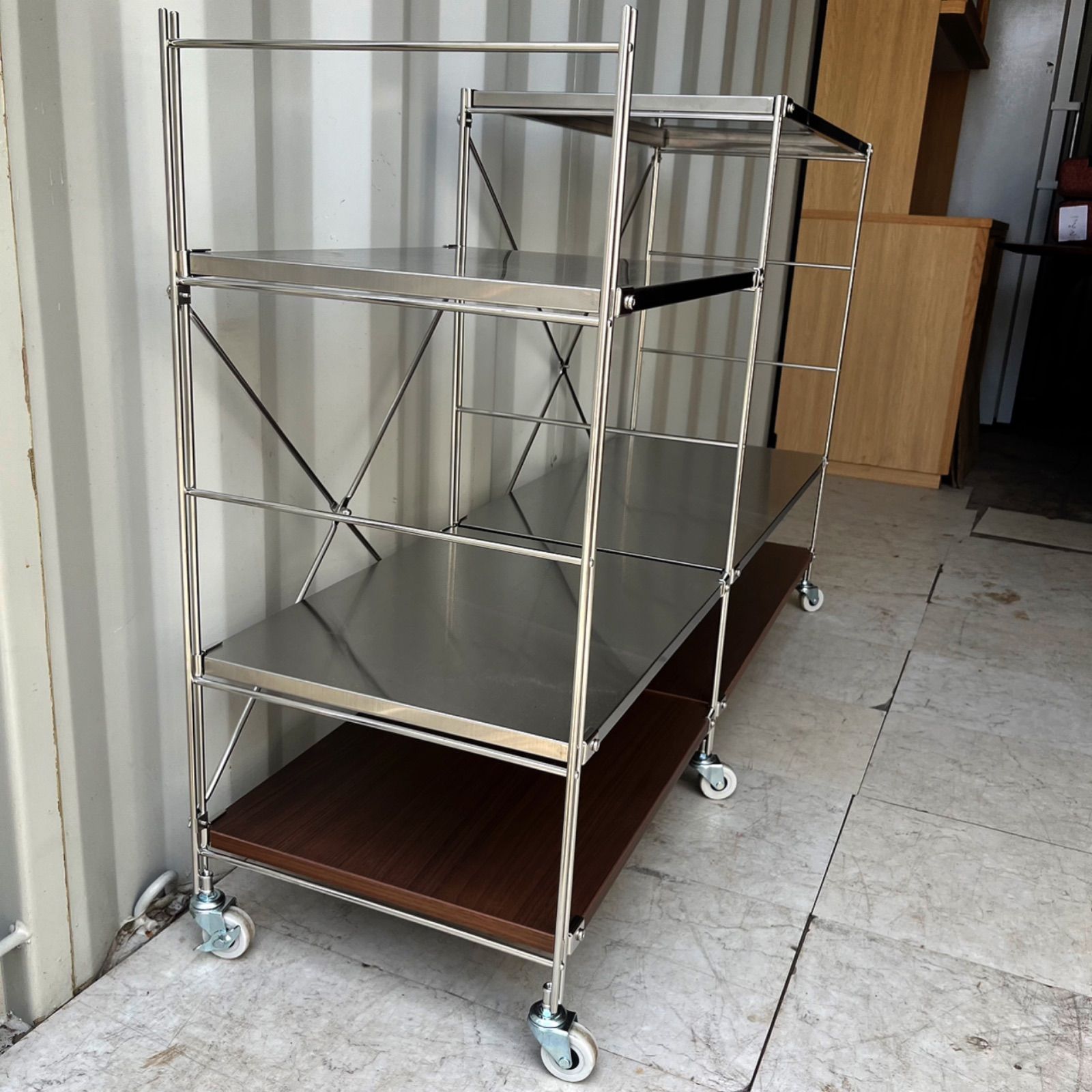 取付無料！無印良品ステンレスユニットシェルフ キャスター付きワイド